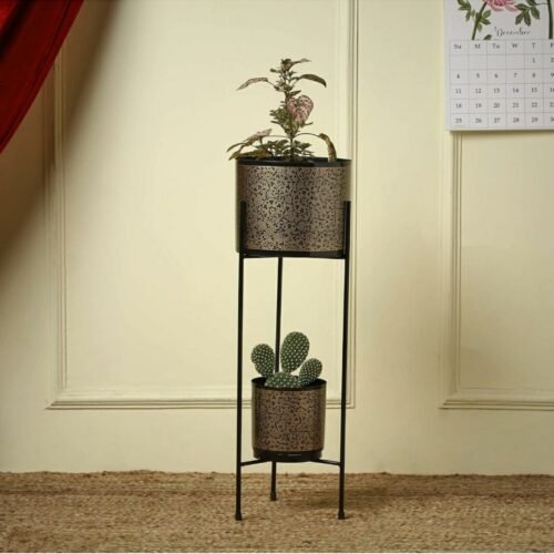 Metallic Unbreakable 24 inches Black Design Pot with Big tri Stand – Black colour