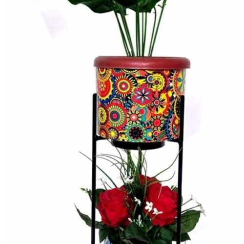 Metallic Unbreakable 24 inches Multicolour Kadhayi Design Pot with Big tri Stand