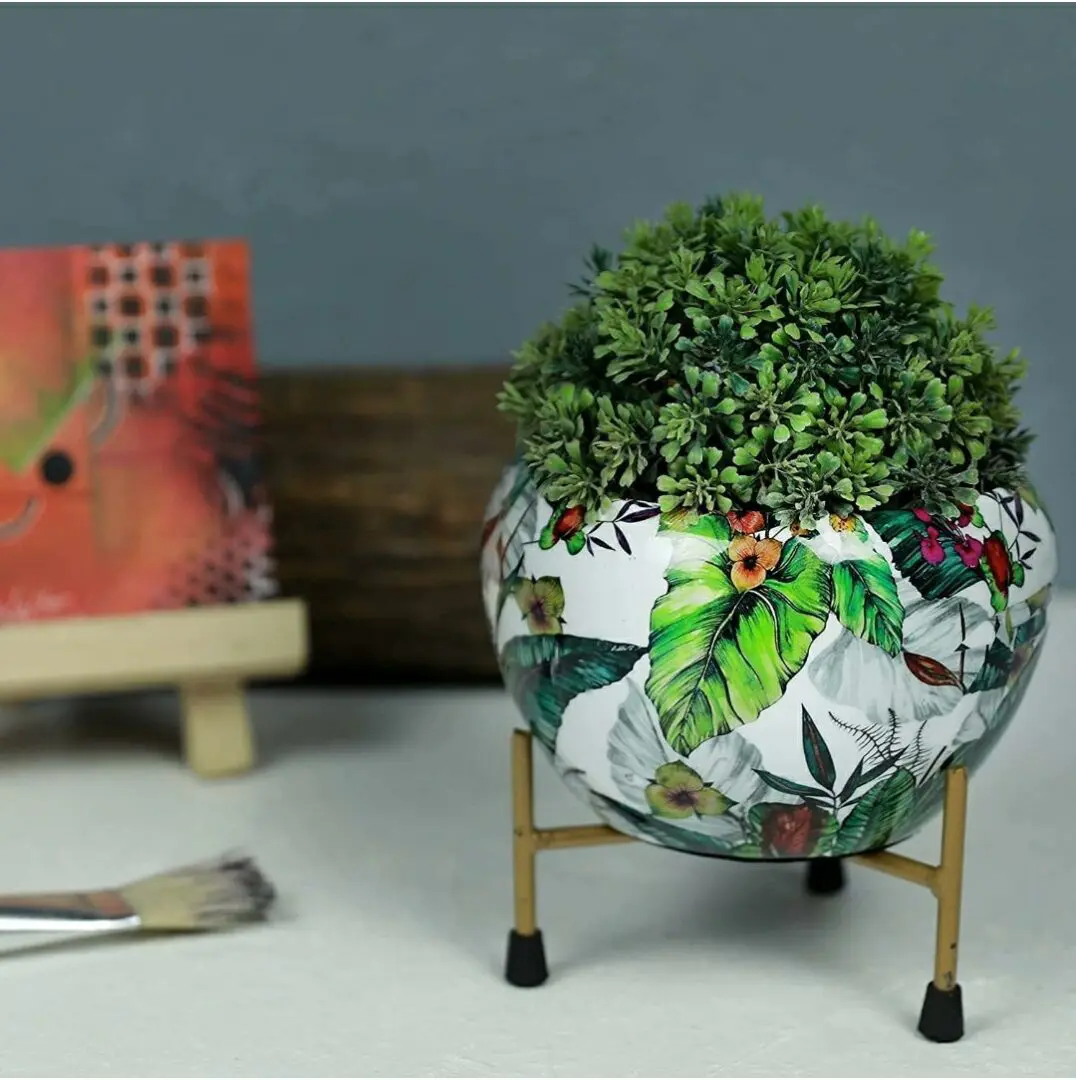 Green Leaf (1 Pcs) Flower Pot - Ceramic Look Finish for Indoor Plants with Stand -Decorative Plant Pots for Indoor Plants Rust Free Metal Plant Pots for Living Room, Garden Décor, Green Leaf