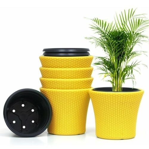 11 Inch Self Watering Snow Pot-Gamla Planter Pot-High Density Polyethylene Plastic Flower Pot-Modern Decorative Planter for Indoor-Outdoor-Balcony-Garden-Livingroom-Home-Yellow(Pack of 5)