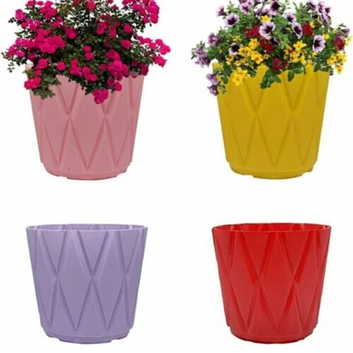 14 Inches (Pack of 4) UV Resistant Plastic Flower Pot for Living Room, Outdoor & Indoor Round Shape | Flawless Quality| Designer Gardening Flower Planter Pot (Mix Color)