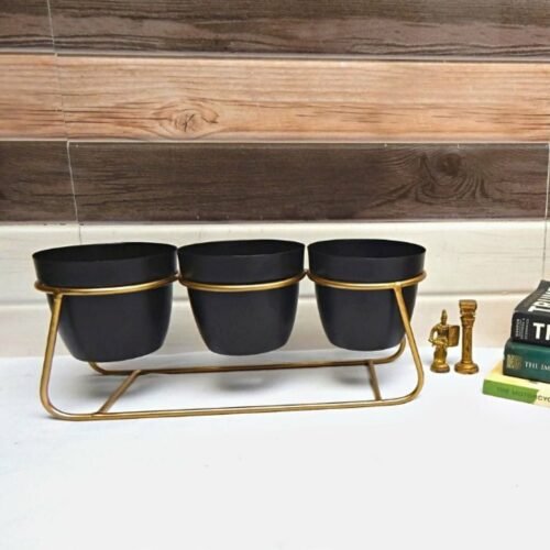 Metal 3 Pot Table top Planter with Golden Stand