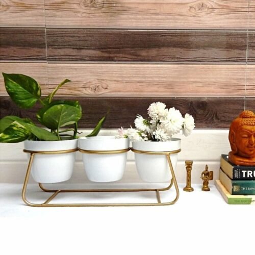 Metal 3 Pot Table top Planter with Golden Stand